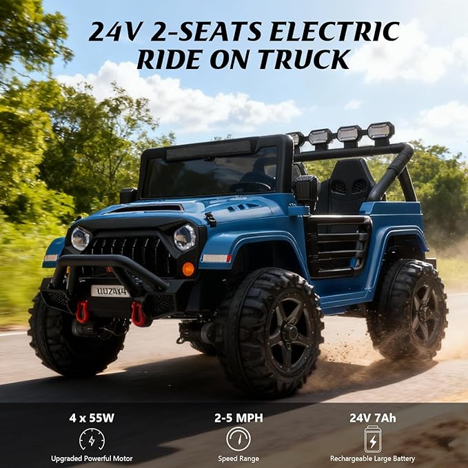 24V Ride on Toys for Big Kids, 2 Seater Ride on Cars with Remote Control, Ride on Truck w/ 4-Wheeler Suspension, 3 Speeds, Led Lights, Bluetooth Music Player