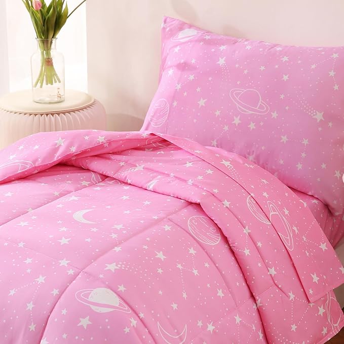 JSD Pink Moon Stars Toddler Bedding Set, 4 Piece Space Theme Bed-in-Bag Toddler Comforter Sheet Set, Machine Washable