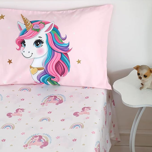 4 Piece Toddler Bedding Set - Ultra Soft Breathable Toddler Bedding Set for Girls, Includes Quilted Comforter, Flat Sheet, Fitted Sheet and Pillowcase(Unicorn)