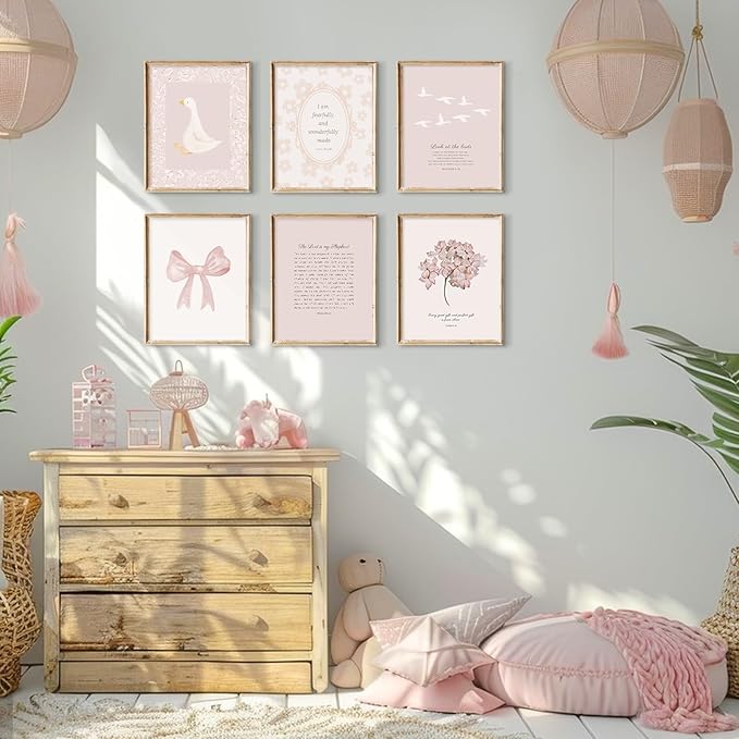 Lhoiplme Nursery Christian Wall Art Bible Verse Prints Pink Girl Nursery Room Canvas Wall Decor Coquette Bow Poster Jesus Boho Scripture Picture Vintage Floral Artwork for Bedroom 8x10x6 Inch Unframed