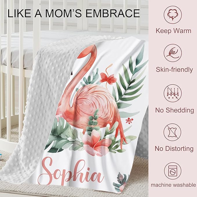 Personalized Baby Crib Bedding Set, Custom Name Flamingo Design Baby Bedding 2-Pcs Set-Soft Double Layer Dotted Blanket and Fitted Sheet, Nursery Bedding for Newborn Boys Girls, Perfect Shower Gift