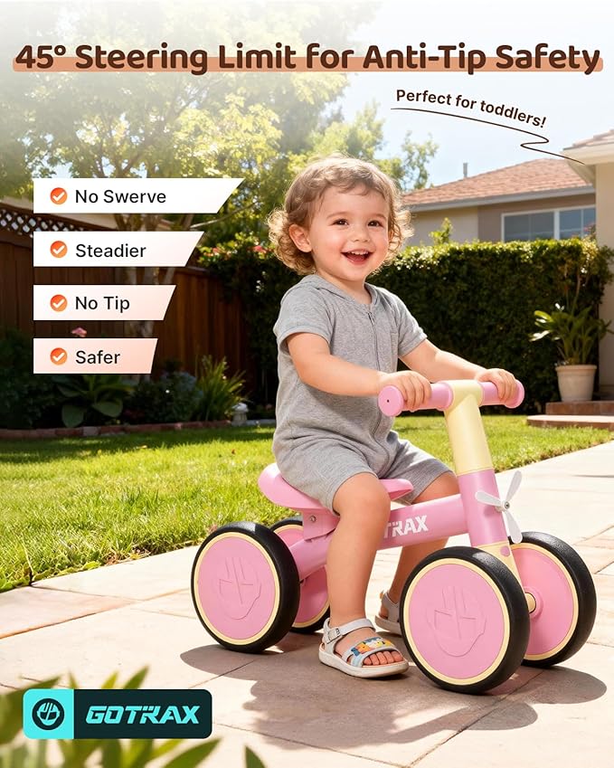 Gotrax Baby Balance Bike 1-2 Years, 7" Front & Rear Silent Wheels, Sturdy Steel Frame 66 lbs Load, Quick 2-Min Assembly, CPC Certified, Comfortable Soft Seat, Toddler Birthday Gift for Boys&Girls Pink