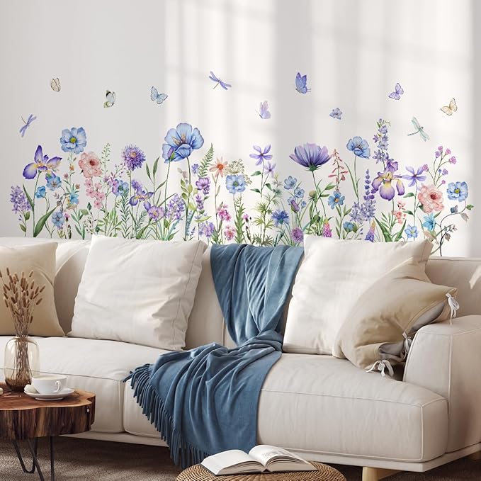 2 Pieces Purple Flowers Wall Decals Vinyl Purple Flowers Wall Stickers Removable Floral Art Murals Peel and Stick Colorful Decor for Girls Bedroom Living Room Nursery