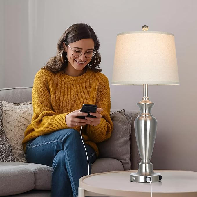 luxeflow Silver Table Lamp for Living Room Single, 30″ Tall Touch Control Bedside Lamp for Nightstand, 3-Way Dimmable Bedroom Lamp with USB A+C Ports and AC Outlet (1 Pack)