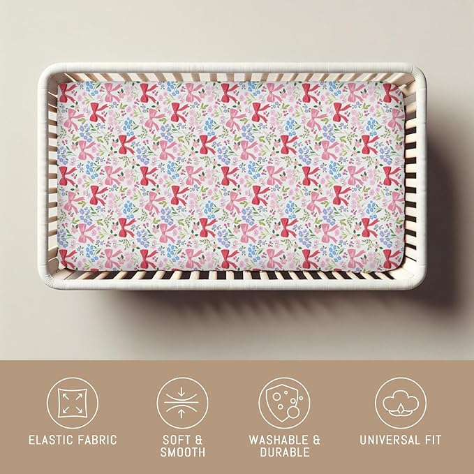 Preppy Pastel Floral Bows Baby Crib Sheets Pink Girly Floral Bows Soft Snug Fitted Crib Mattress Covers for 52''x28'' Standard Crib & Toddler Mattress Boho Spring Flowers Leaves Baby Bed Sheets