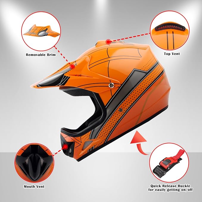 WOW Youth Kids Motocross BMX MX ATV Dirt Bike Dianosour Helmet Dragon + Goggles + Martian Youth Glove Bundle: HJOY MG Bundle