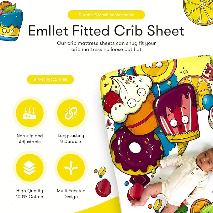 100% Cotton Fitted Crib Sheet, Sweet Treats Dessert Theme, Soft Baby Nursery Bedding for Standard Crib Mattress 52 x 28 in