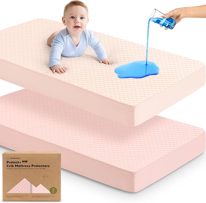 2-Pack Waterproof Crib Mattress Protector Cover Fitted - Quiet Baby Crib Mattress Pad Sheets, 52" x 28" Soft Quilted Cotton Baby Sheet, Machine Washable, Easy Fit, Durable (Mist Rose/Quin)