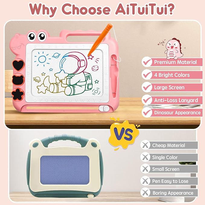 AiTuiTui Magnetic Drawing Board Toddler Toys Gift for Girls Boys, Color Sketch Writing Scribble Doodle Pad Travel Games, Educational Learning Kids Toys for Birthday or Valentine (Pink)