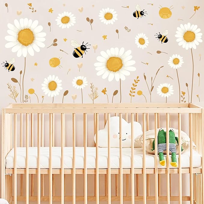 Daisy Floral Wall Stickers Baby Bedroom Walls Art Murals Boho Daisy Decals for Kids Room Peel and Stick Flower Bee Vinyl Wall Decals for Nursery Home Living Room Summer Flowers Party Theme Supplies