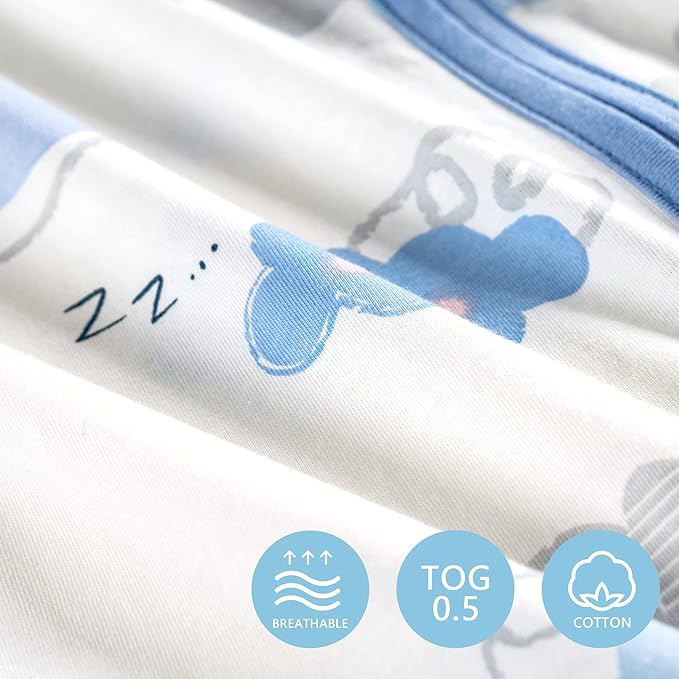 TILLYOU 2 Pack Infant Sleep Sack 0-6 Months 100% Cotton Wearable Blanket 0.5 TOG Sleeveless Summer Sleep Sacks with 2-Way Zipper, Small Cloud & Blue