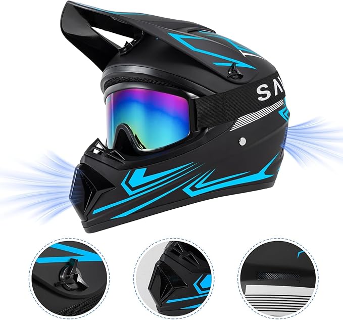 Youth Kids Dirt Bike Motocross Helmets (Goggles Gloves Face Mask) 4PCS Set, Boys Girls Full Face Motorcycle Helmet, Mountain Bike Off Road Helmets, DOT Approved ATV Helmet
