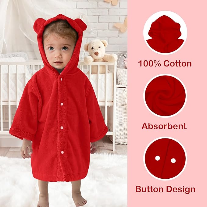 VOOVA & MOVAS Baby Hooded Towel with Bear Ear, 0-3Years | 100% Cotton, Ultra-Soft & Absorbent | Gentle for Sensitive Skin, Bath, Pool & Beach Towel | Newborn (Red)