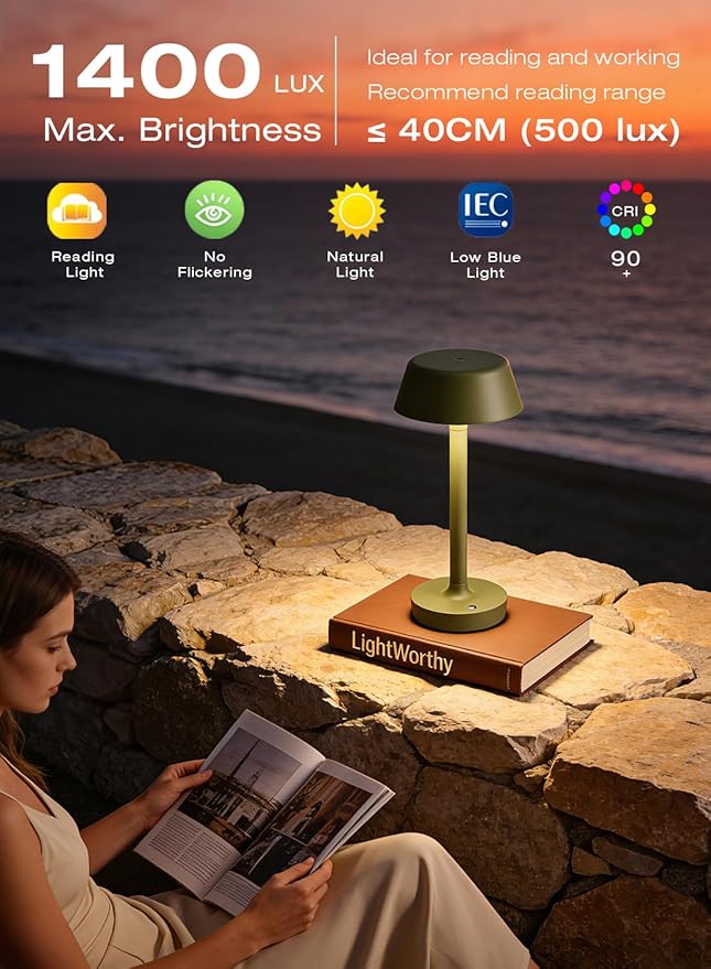 Light Worthy Cordless Rechargeable Table Lamp with Power Charger,Portable LED Desk Lamp,5000mAh Battery Operated,2700K-5700K Tunable,Stepless Dimming for Bedroom Bedside Touch Night Light,Green