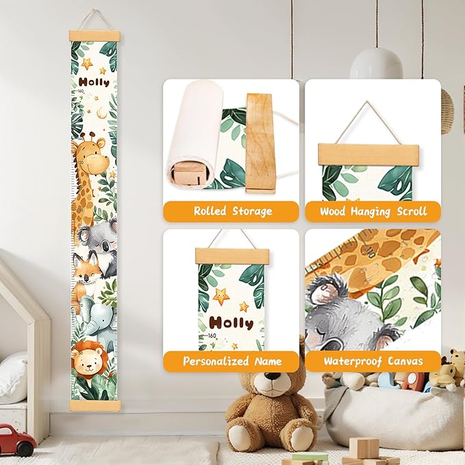 Woodemon Personalized Name Baby Growth Height Chart Handing Ruler Wall Decor for Kids, Animals Canvas Removable Height Growth Chart, Nursery Decor, Toddler Kid Room Decoration, Hangable