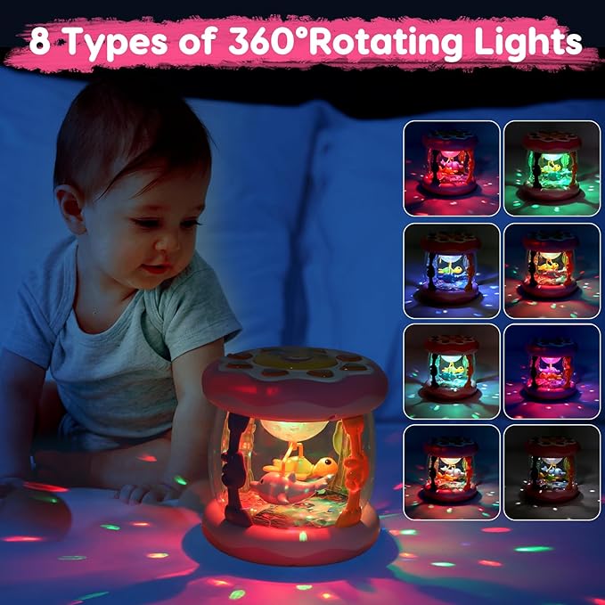 Baby Musical Light Up Toys Tummy Time Ocean Projector Rotating Infant 1 Year Old Toy Baby Aquarium Crawling Pink Toys Babies Girls 1 2 Year Old Birthday Newborn Gifts