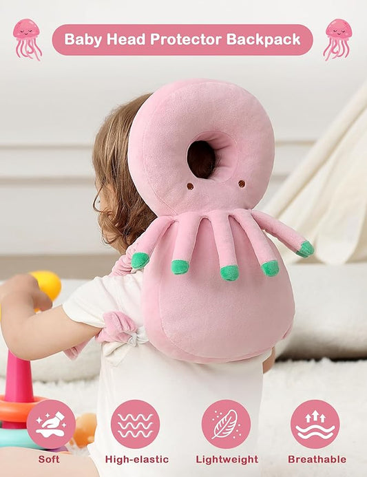 JunNeng Baby Head Protector Backpack, Toddler Fall Head Protection Cushion, Pink Octopus