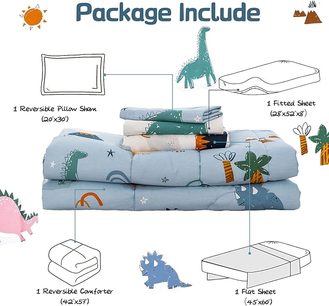 DJY 4 Pieces Cotton Toddler Bedding Set, Dinosaur Toddler Bed Comforter Set for Boys Girls, Includes Blue White Reversible Comforter, Flat Sheet, Fitted Sheet and Pillowcase