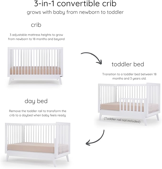 dadada Baby Soho 3-in-1 Convertible Wooden Crib to Toddler Bed - Made in Italy, GREENGUARD Gold Certified, Baby-Safe Finish, Handcrafted Beechwood, Modern Design, 3 Adjustable Heights (White)