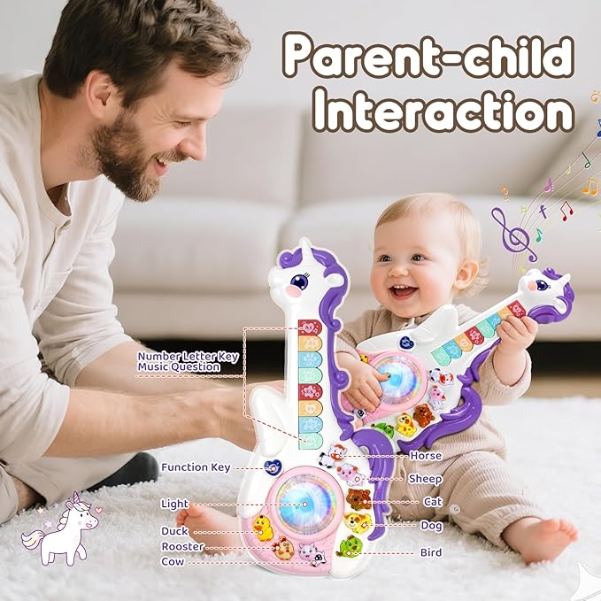 Marstone Toys for 1 Year Old Girl Birthday Gifts: Baby Musical Unicorn Toys 12-18 Months, Educational Cartoon Guitar for Toddlers 1-2, Infant 1st First Interactive Learning Birthday Present