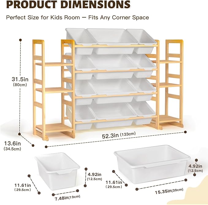 PTINFLUCE Wooden Toy Storage Organizer with 6 Shelves and 12 Bins, Toy Organizer Storage Kids Bookshelf, Toy Shelf for Playroom, Nursery, and Bedroom