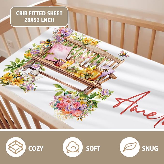 Personalized Baby Crib Bedding Set, Custom Name Colorful Bee Baby Bedding 2-Pcs Set - Soft Double Layer Dotted Blanket and Fitted Sheet, Nursery Bedding for Newborn Boys Girls, Perfect Shower Gift