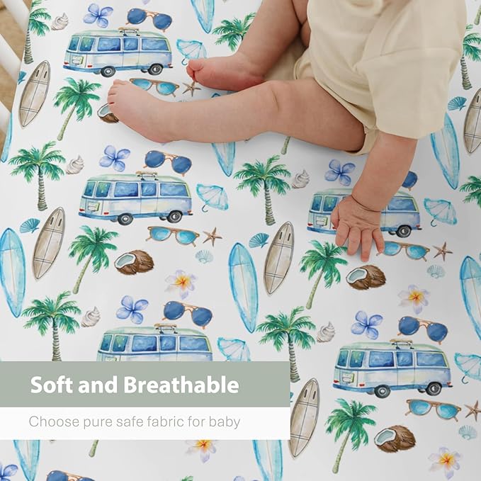 Watercolor Boho Surfing Baby Crib Sheets for Boy Girl 52x28Inch Surfboard Tropical Palm Trees Flowers Soft Snug Fitted Crib Mattress Cover Summer Beach Baby Sheet for Standard Crib & Toddler Mattress