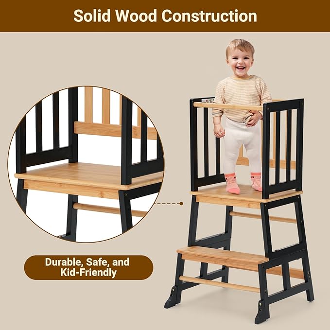 COSYLAND Kids Kitchen Step Stool Helper - Wooden Standing Tower for Kids with Anti-Tip Support Legs (Black & Natural)