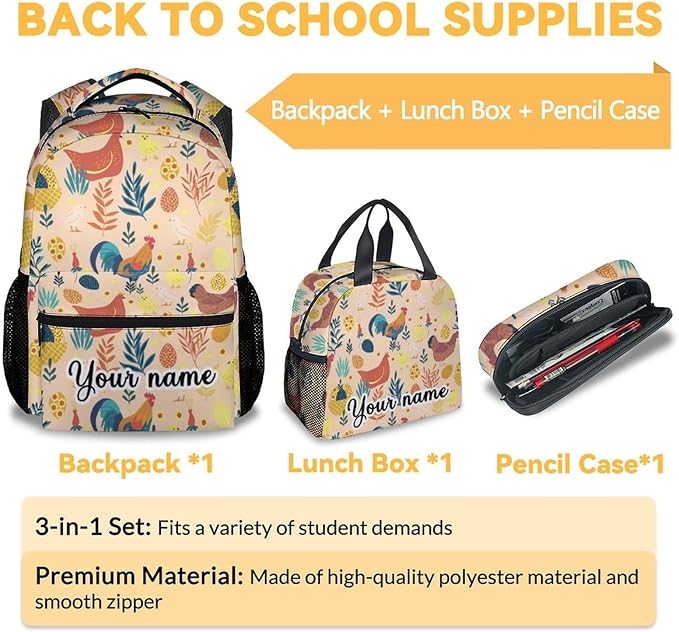 COOPASIA Personalized Chicken Backpack with Lunch Box and Pencil Case, 16 Inch Chicken Theme Bookbag with Adjustable Straps, Durable, Lightweight, Large Capacity, School Backpack for Girls Women