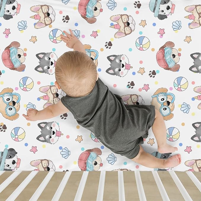 Summer Beach Fun Dogs Baby Crib Sheets for Boy Girl 28"x52" Cute Dog Vacation Soft Stretchy Fitted Crib Mattress Cover Dogs Lovers Gift Nursery Baby Sheet for Standard Crib & Toddler Mattress Pad