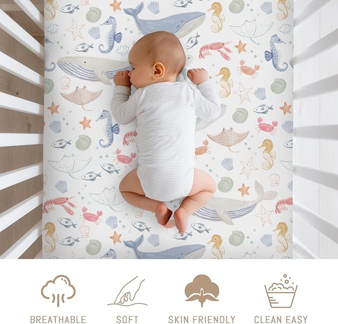 Boho Ocean Animals Baby Crib Sheets for Boys Girls Sea Horse Whale Turtle Crab Fish Soft Stretchy Crib Mattress Fitted Cover for 52''x28'' Standard Crib & Toddler Mattresses Marine Coastal Bed Sheets