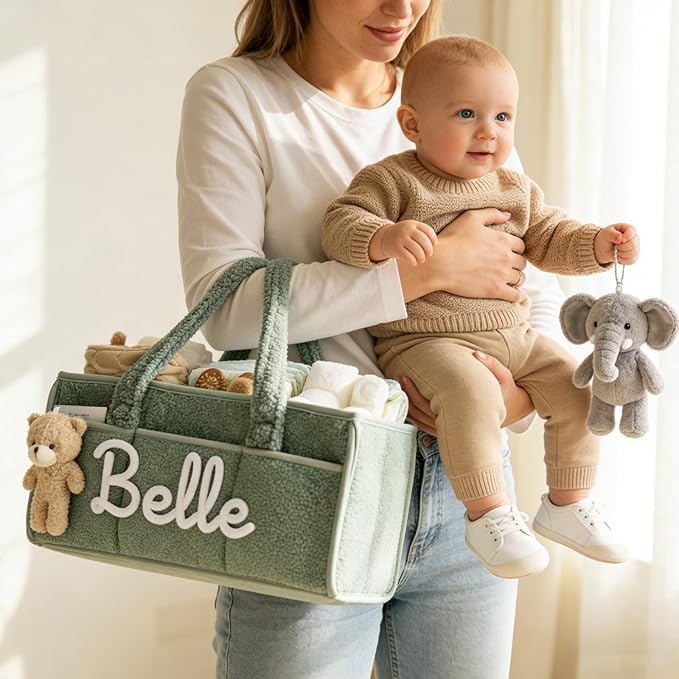 Personalized Baby Diaper Caddy Organizer with Name, Custom Portable Changing Mat Diaper Caddy for Boy Girl, Baby Essentials Storage Basket with Removable Dividers Gift for Newborn Caddie Car Travel