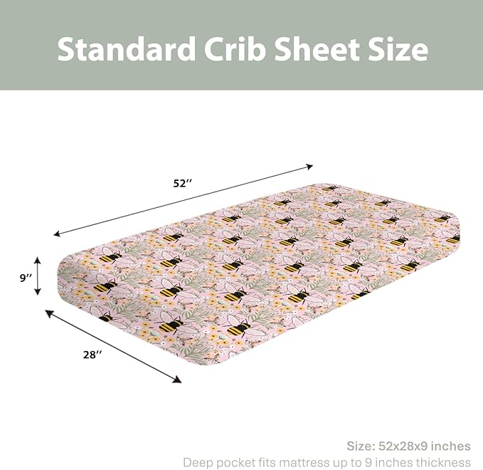 Bee Honey Garden Pink Baby Crib Sheets for Boy Girl 52"x28" Boho Floral Bees Honey Butterflies Soft Snug Fitted Crib Mattress Covers Spring Summer Baby Sheet for Standard Crib & Toddler Bed Mattress