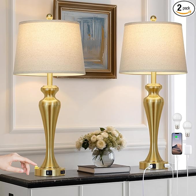 luxeflow 30" Gold Tall Table Lamps for Living Room, Touch Control Bedroom Lamp with USB A+C Ports and AC Outlet, 3-Way Dimmable Bedside Table Lamps Set of 2, Modern Metal Lamp for Nightstand