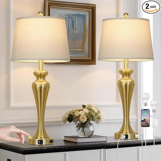 luxeflow 30" Gold Tall Table Lamps for Living Room, Touch Control Bedroom Lamp with USB A+C Ports and AC Outlet, 3-Way Dimmable Bedside Table Lamps Set of 2, Modern Metal Lamp for Nightstand