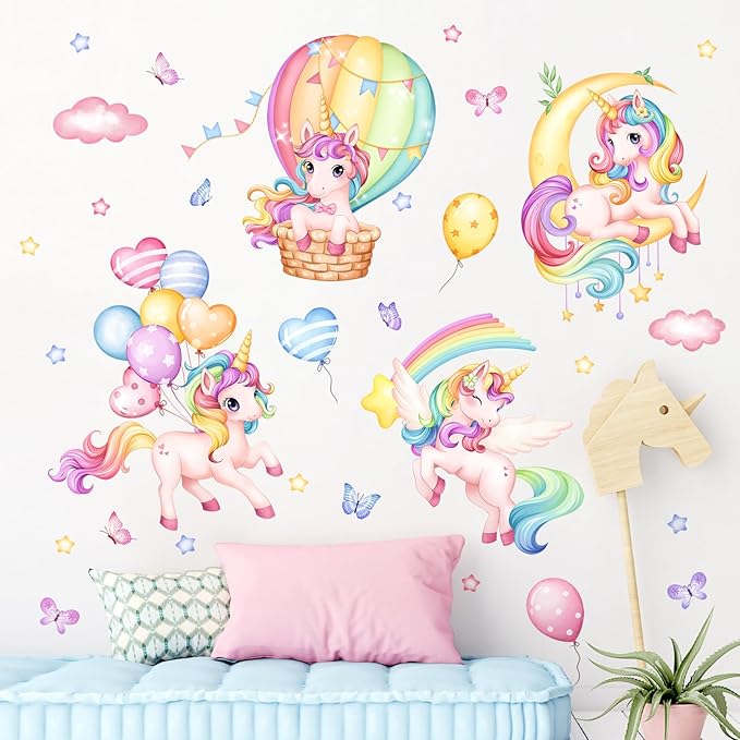 Unicorn Rainbow Wall Decals Hot Air Balloon Moon Clouds Stars Wall Stickers Baby Nursery Girls Bedroom Kids Room Wall Decor