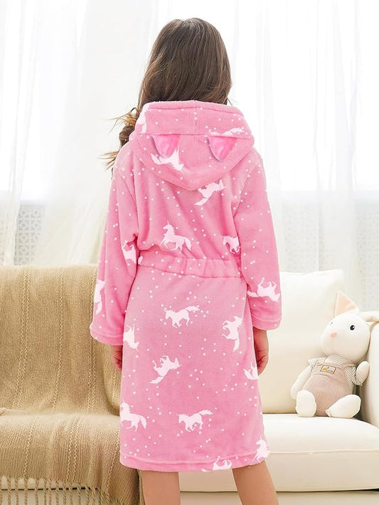 Doctor Unicorn Girls Leopard Cat Robe Kids Fleece Warm Hooded Bathrobe