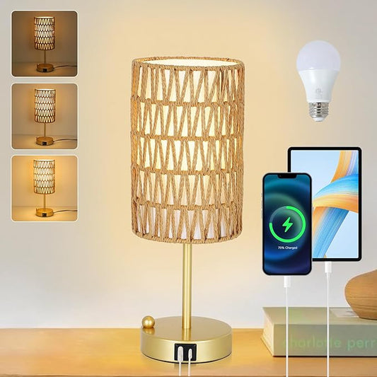 Eayaya Gold Table Lamp for Bedroom with Bulb, Small Touch Control Table Lamp for Living Room with Rattan & Linen Shade, 3 Way Dimmable Bedside Lamp for Nightstand with USB Charging Port & Phone Stand