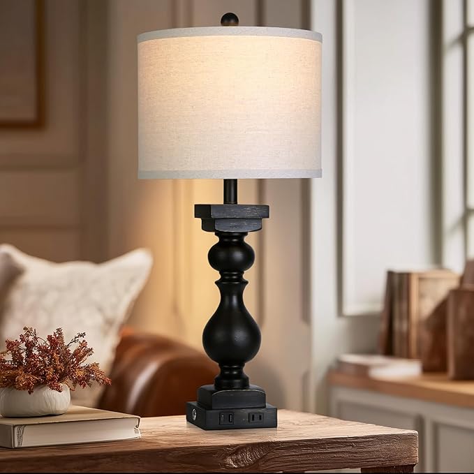 MOUVOVO 28" Tall Farmhouse Table Lamps Set of 2 with USB C+A Ports and AC Outlet, 3 Way Touch Tall Rustic Bedside Lamps for Living Room, Black Vintage Lamps for Bedroom