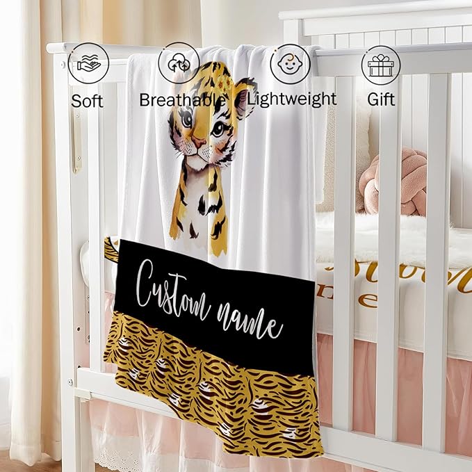 Custom Baby Crib Bedding Set, Personalized Name Tiger Design Crib Set 3 Pcs, Soft Double Layer Blanket, Crib Sheet & Room Rug, Ideal Nursery Decor Gift for Baby Girls Boys