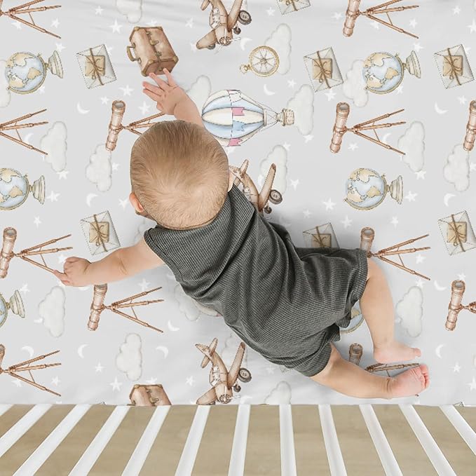 Adventure Baby Crib Sheets for Boy Girl 28"x52" Travel Planes Compass Luggage Globe Explore Soft Snug Fitted Crib Mattress Covers Holiday Vacation Baby Sheet for Standard Crib & Toddler Bed Mattress