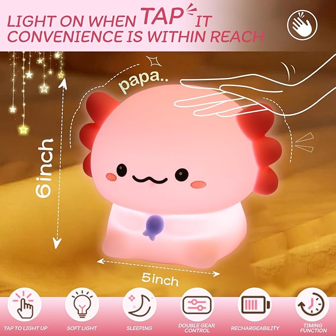 MAGOHMT Axolotl Night Light for Kids - 3-Level Dimmer & Auto-Off Timer, Child-Safe Silicone Lamp, USB-C Rechargeable Nursery Light for Bedroom Breastfeeding (Squishy Animal)