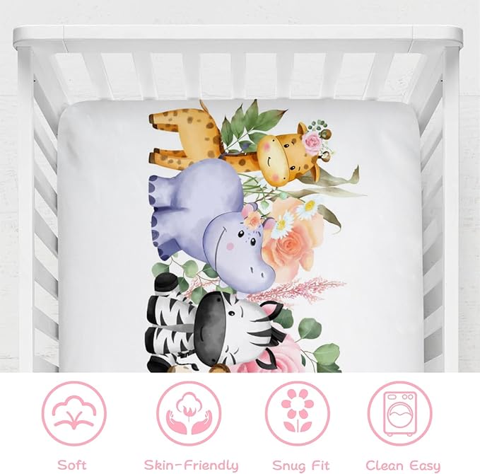 Baby Jungle Safari Animals Tropical Leaves Flowers Baby Crib Sheet 52''x28'' Fitted Crib Mattress Cover for Boy Girl Nursery Toddler Bed Sheet Fits Standard Crib and Toddler Mattresses Floral