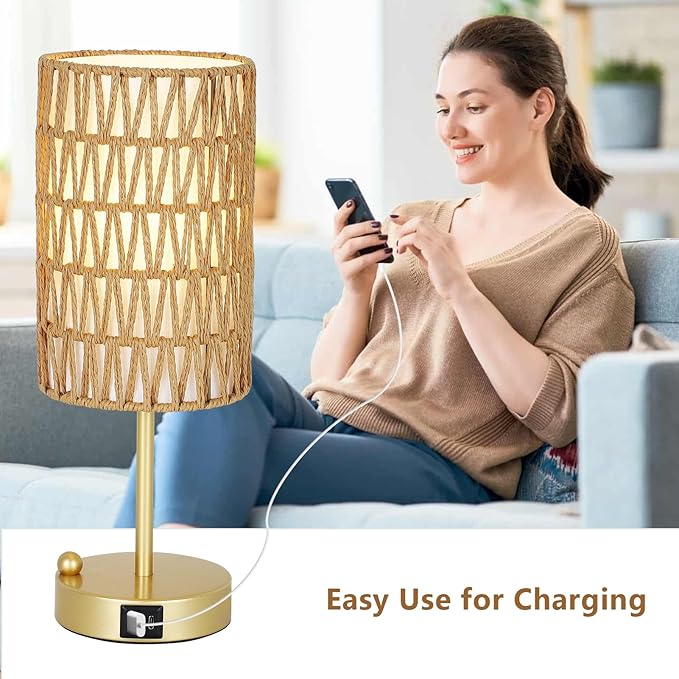 Eayaya Gold Table Lamp for Bedroom with Bulb, Small Touch Control Table Lamp for Living Room with Rattan & Linen Shade, 3 Way Dimmable Bedside Lamp for Nightstand with USB Charging Port & Phone Stand