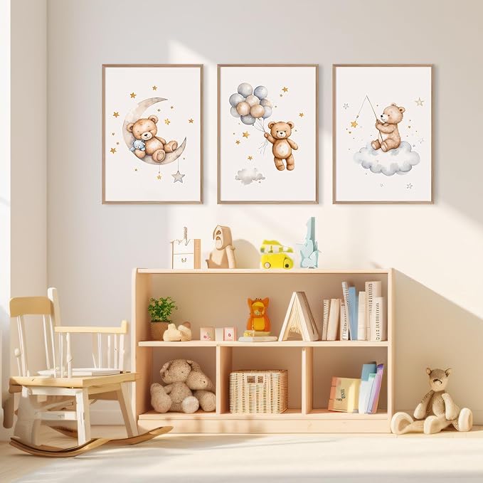 Baccone Teddy Bear Nursery Wall Art Decor Baby Boy Girl Room Poster Vintage Nursery Canvas Wall Decor Toddler Kids Room Pictures Cute Bear Neutral Artwork for Bedroom Playroom 12x16 Unframed Set of 3