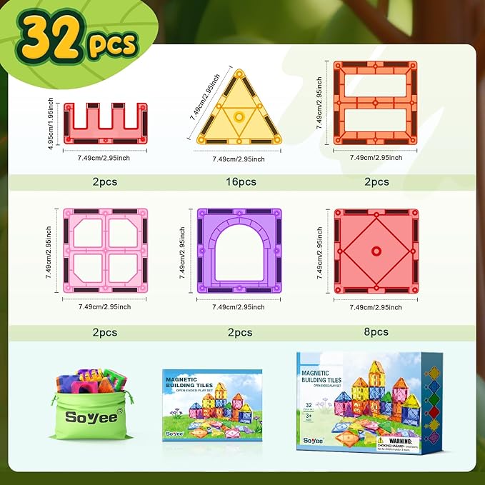 Soyee Magnetic Tiles Toddler Toys Magnetic Building Blocks for Kids Ages 3-12 STEM Educational Toys for Girls & Boys Sensory Play for Preschool Learning Birthday Toddler Xmas Gifts