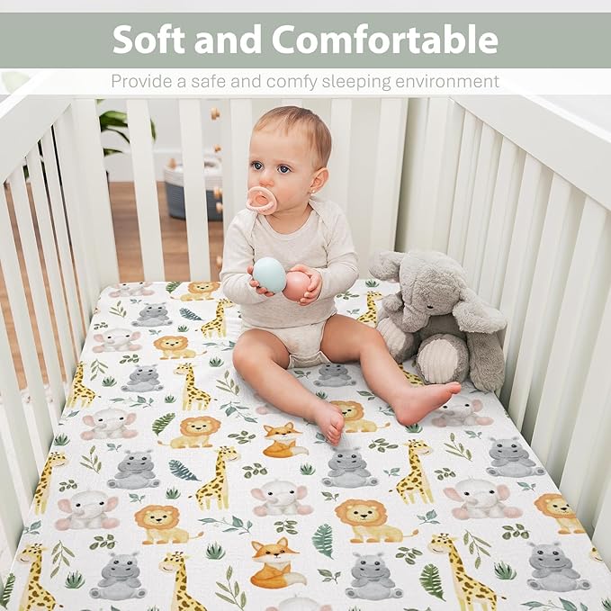 Safari Animals Baby Crib Sheets for Boy Girl 28"x52" Lion Giraffe Elephant Hippo Tropical Leaves Soft Snug Fitted Crib Mattress Cover Zoo Jungle Nursery Baby Sheet for Crib & Toddler Bed Mattress