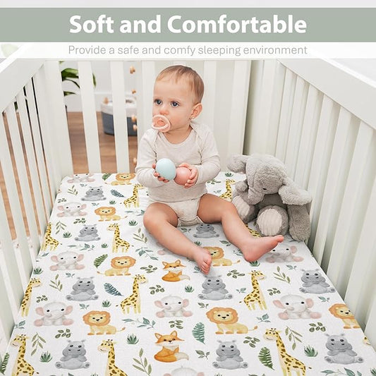 Safari Animals Baby Crib Sheets for Boy Girl 28"x52" Lion Giraffe Elephant Hippo Tropical Leaves Soft Snug Fitted Crib Mattress Cover Zoo Jungle Nursery Baby Sheet for Crib & Toddler Bed Mattress