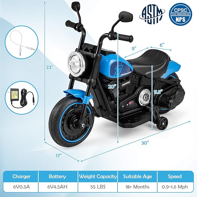 HONEY JOY Ride On Motorcycle, 6V Toddler Motorcycle with LED Light, Music, Foot Pedal, Forward/Backward, Soft Start, 3-Wheel Battery Powered Electric Motorcycle for Kids, Gift for Boys Girls (Blue)