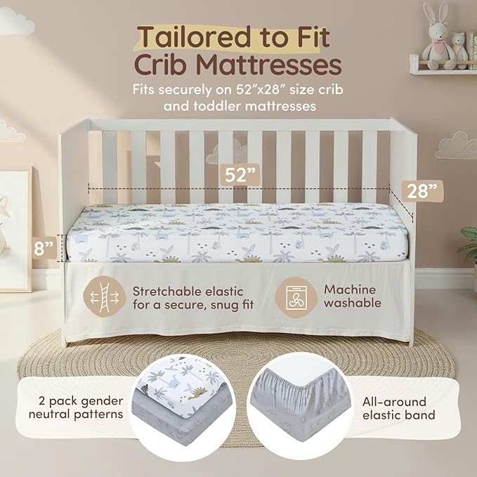 Baby Dinosaur Crib Sheets for Boys & Girls Toddler Bed Sheets Cotton Fitted Crib Sheet Neutral Sets 28"x52", 8" Deep Pocket, Baby Mattress Sheet 2Pack 100% Cotton, Designed in France, Grey-White